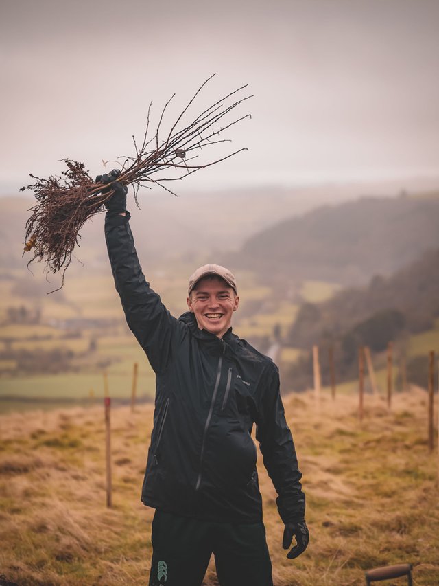 Max on a misty hillside, holding a bundle of tree saplings aloft
